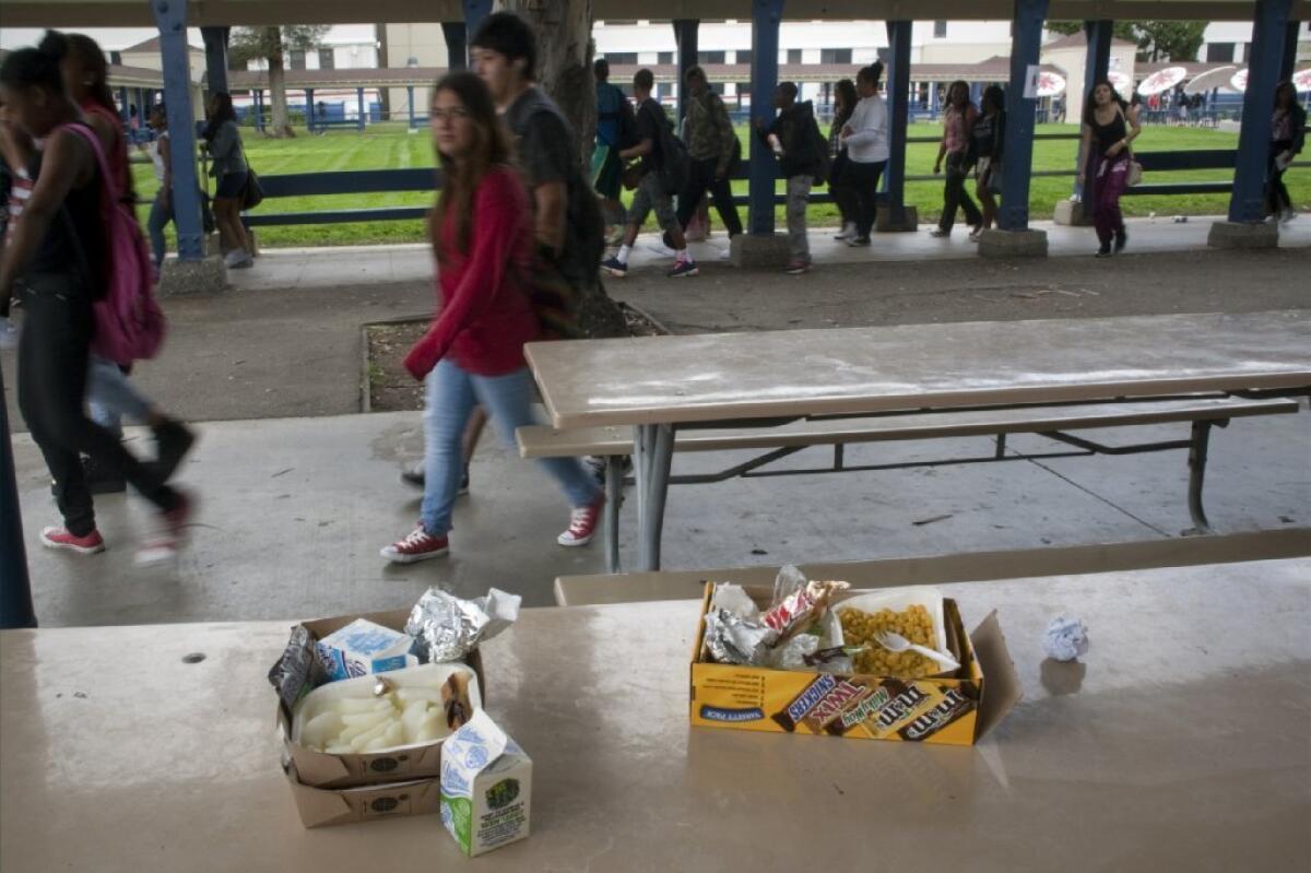 Lunchtime leftovers in the cafeteria at Washington Prep High School in Los Angeles. School districts like LAUSD struggle to find food students will eat, and not smuggle in junk food and throw away balanced, generous meals.