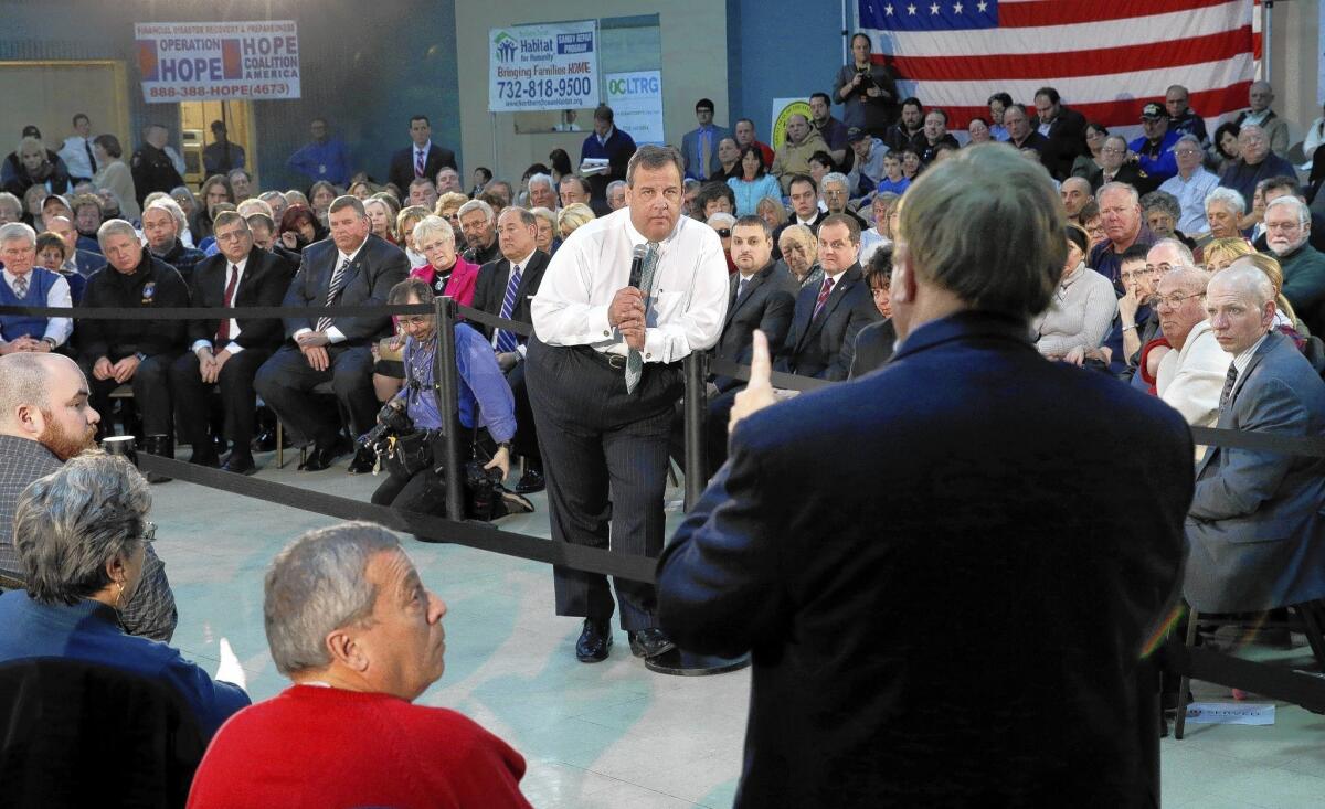 New Jersey Gov. Chris Christie takes questions at a town hall meeting last week in Toms River, N.J. “I never promised you, nor would I, that this was going to be mistake-free,” he said of delivering aid after Superstorm Sandy.