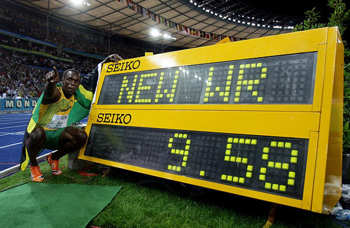 Usain Bolt celebrates after setting a new world record in the 100-meter dash at the IAAF World Athletics Championships in Berlin back in 2009. The shoes he wore in the race have been stolen from a display in England.