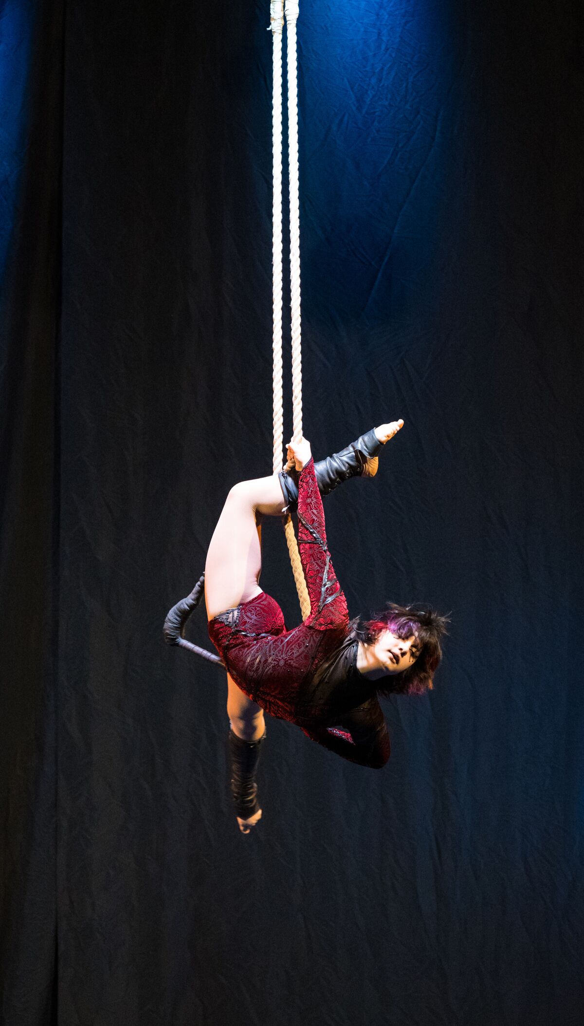 Malena Flores performing on the dance trapeze at the De Leon Cirque Fest in February.