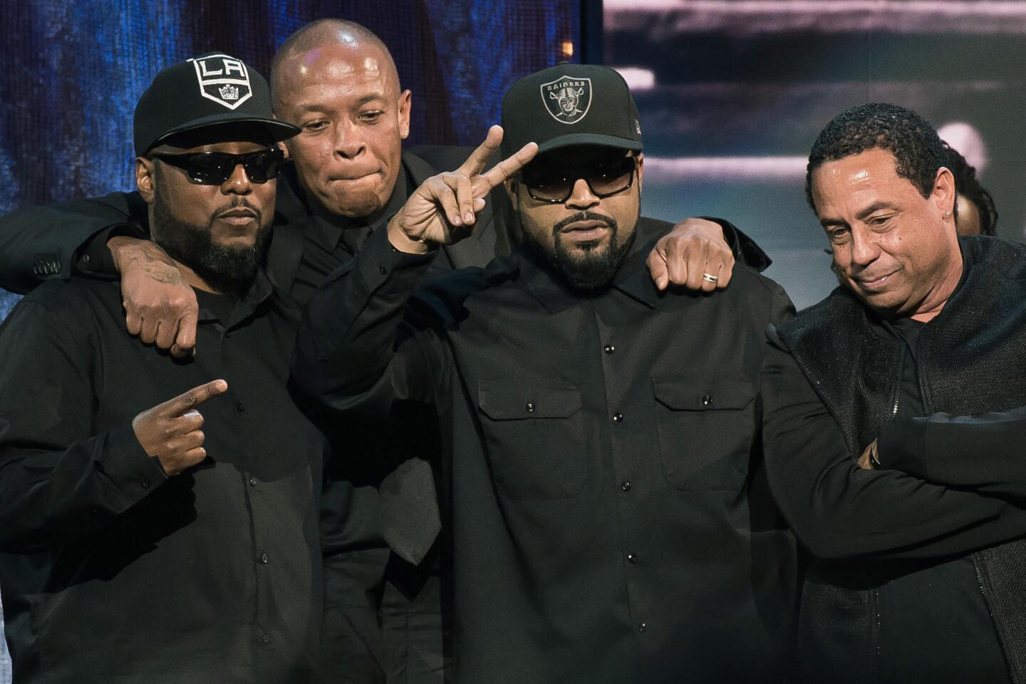 Inductees MC Ren, from left, Dr. Dre, Ice Cube and DJ Yella from N.W.A appear at the 31st Annual Rock and Roll Hall of Fame Induction Ceremony.