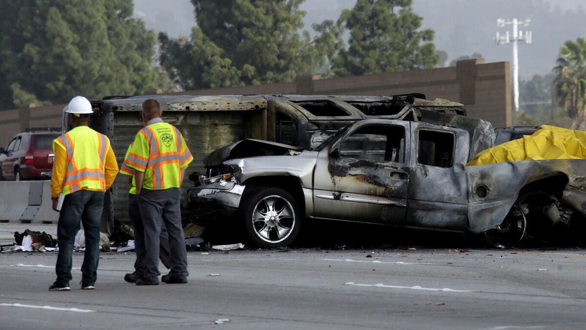 A fiery crash on the southbound 405 Freeway in North Hills on Friday morning left one person dead, another person hospitalized with unknown injuries and a third was evaluated and released.