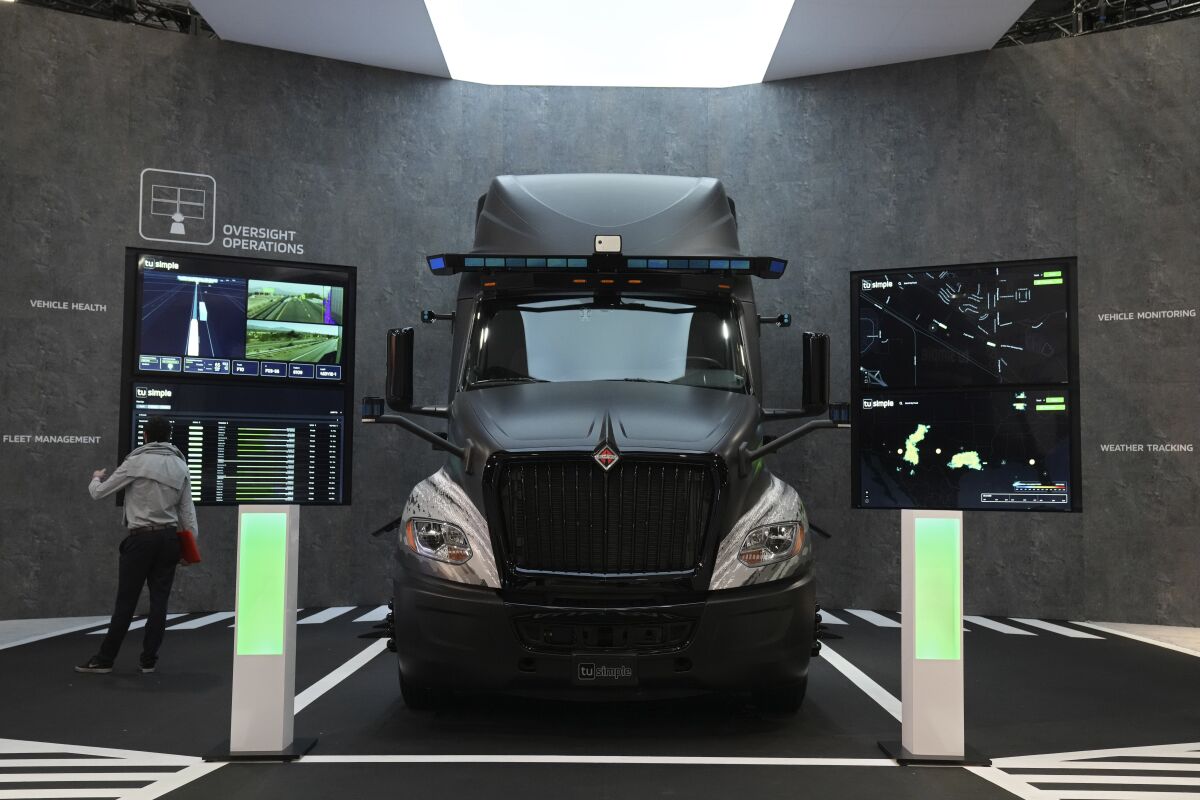 The TuSimple autonomous driving technology on a truck on display during the 2022 CES tech show in Las Vegas. 