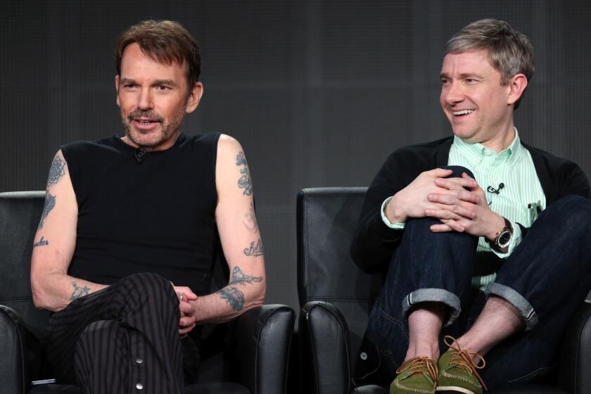 Billy Bob Thornton, left, and Martin Freeman discuss FX's "Fargo" at the Television Critics Assn. press tour in Pasadena. Thornton plays a drifter who encounters an insurance salesman played by Freeman in the 10-episode series inspired by the Academy Award-winning 1996 Coen brothers film.