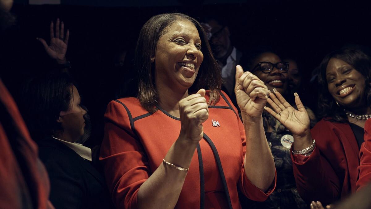 Democratic New York Atty. Gen.-elect Letitia James celebrates her victory in Brooklyn on Tuesday night.