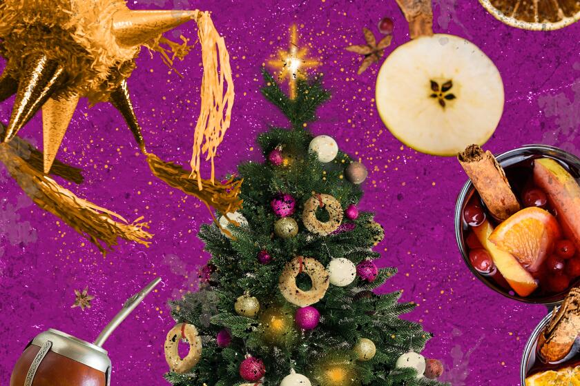 Collage of a Christmas Tree, mate, piñara, tamales, food and drinks 