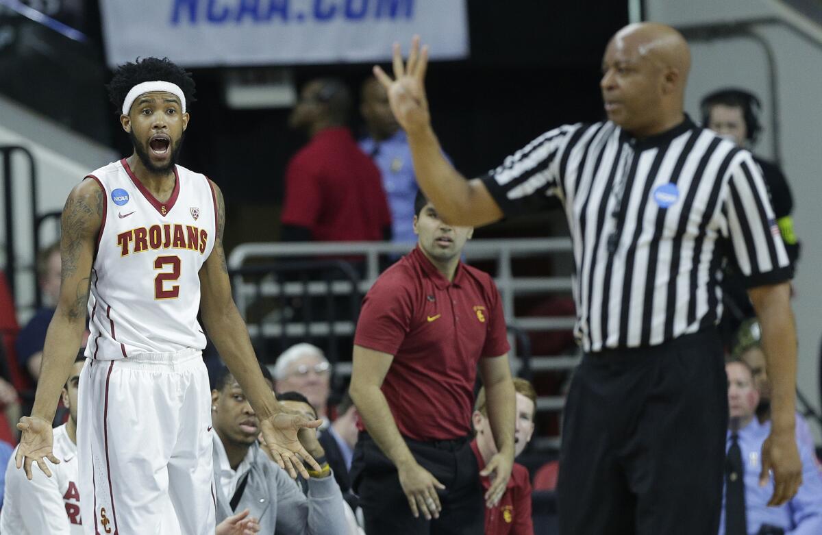 USC forward Malik Martin (2) reacts to a foul call during a game against Providence in the first round of the NCAA tournament.