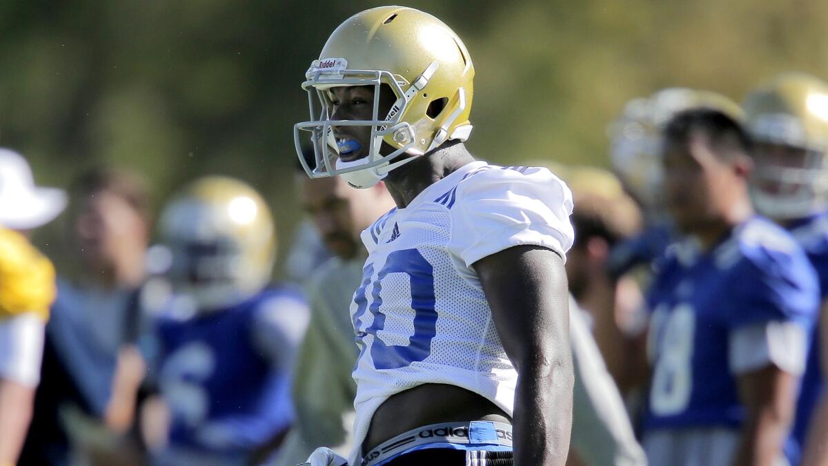 UCLA linebacker Myles Jack, shown on the first day of summer camp at Cal State San Bernardino, was back at practice Saturday following a confrontation with a teammate a day earlier.