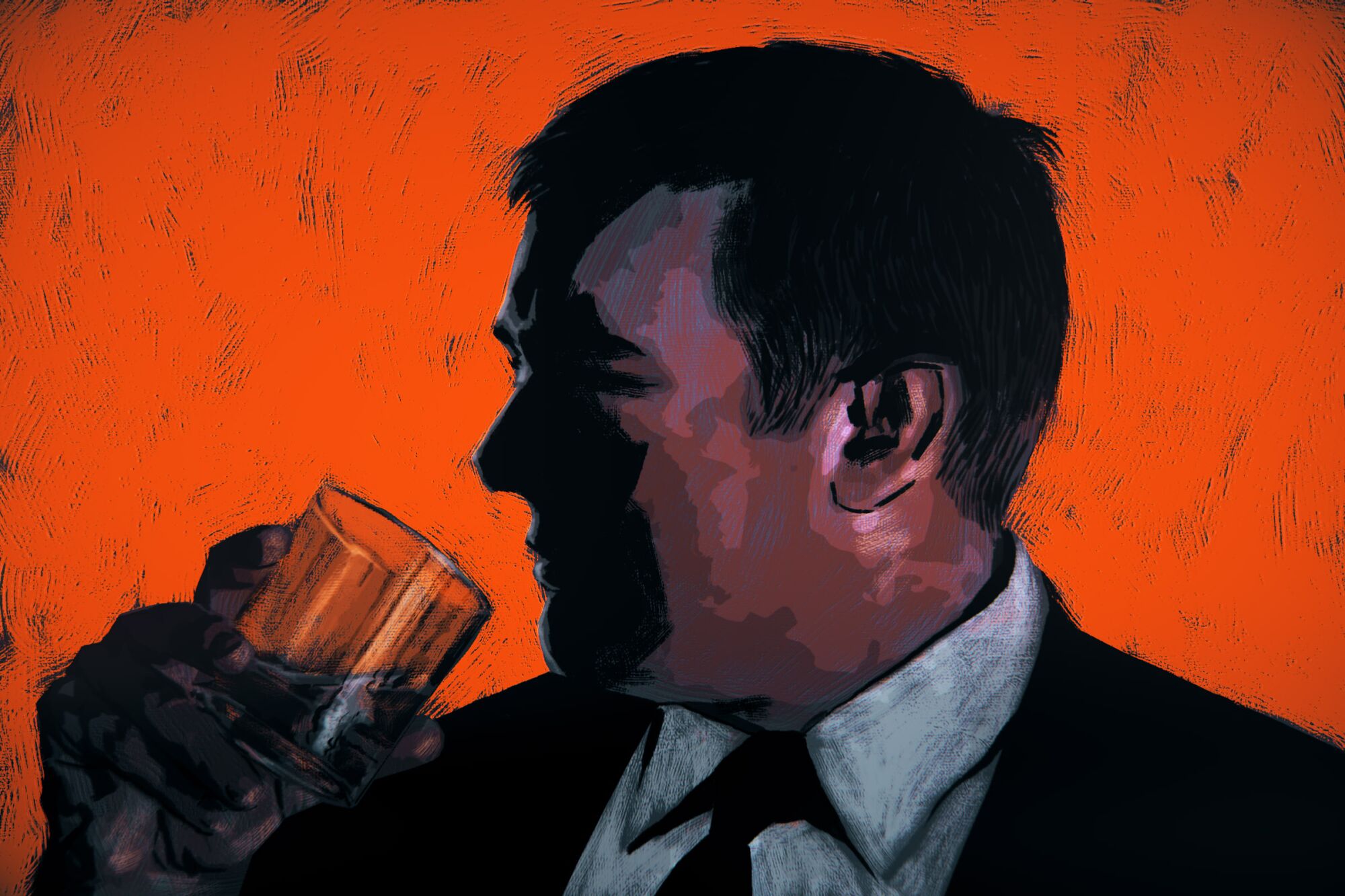 Sketch of a man in a suit drinking from a glass