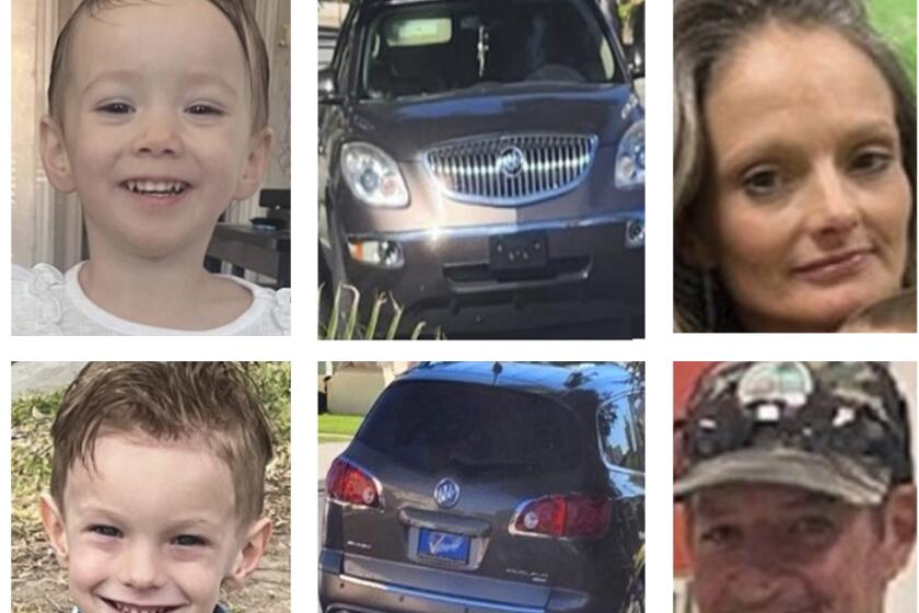 Images released by the L.A. County Sheriff's Dept. shows two-year-old Willow , top left, and her 4-year-old brother Wyman, bottom left, were taken by their parents Tiffany Bryant and David James, and the vehicle law enforcement is looking for.