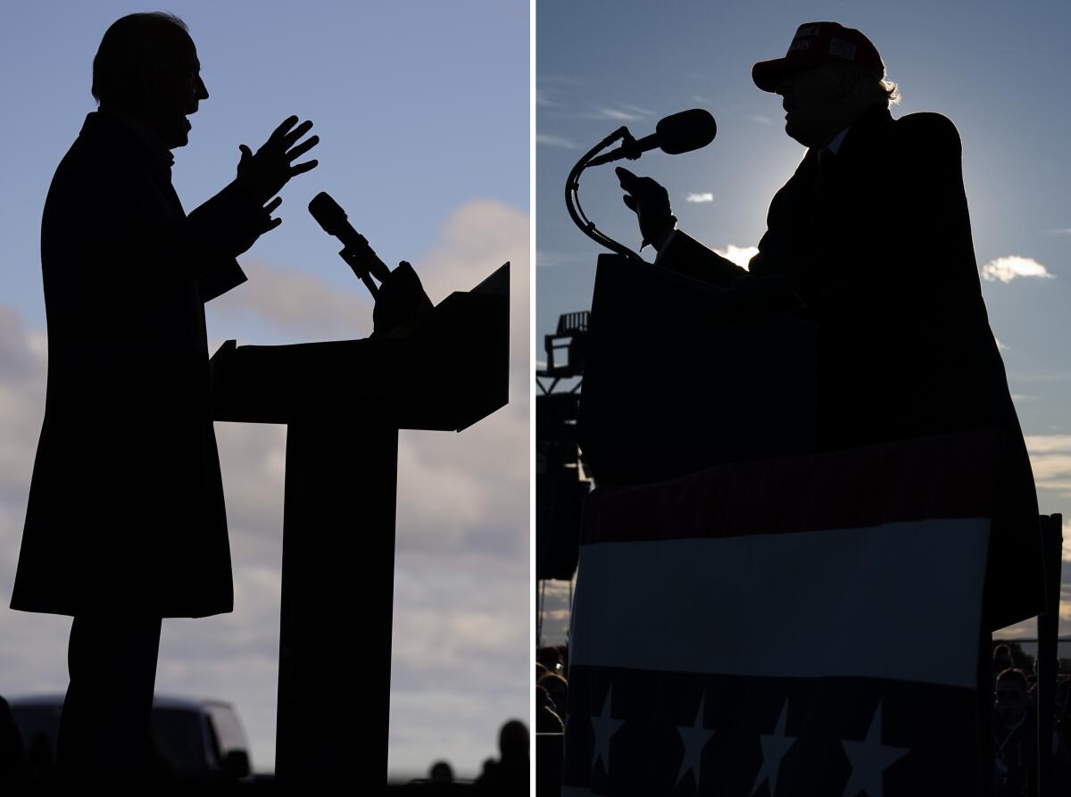 Former Vice President Joe Biden, left, and President Trump campaign on Monday.