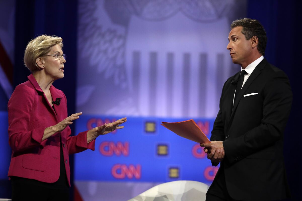 Elizabeth Warren answers a question from CNN moderator Chris Cuomo at the town hall in downtown Los Angeles.