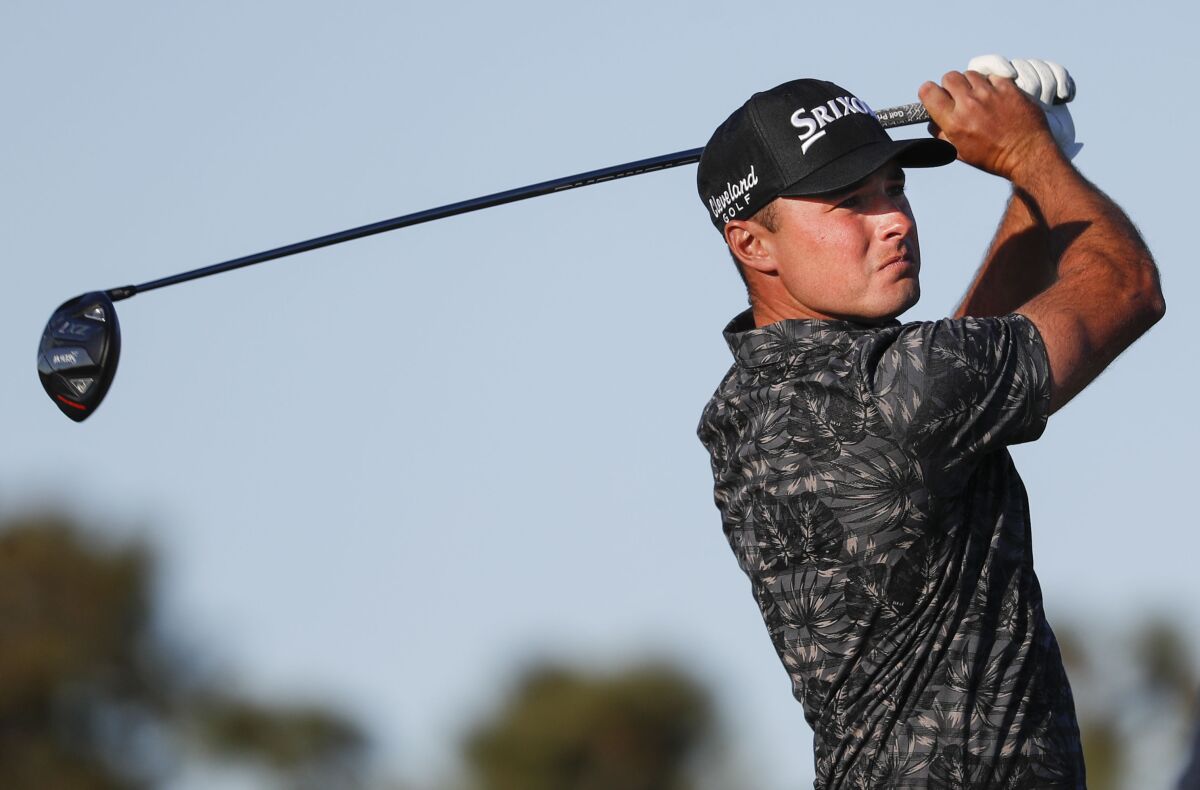 Brent Grant tees off on the 18th hole during the first round of the 2023 Farmers Insurance Open at Torrey Pines.