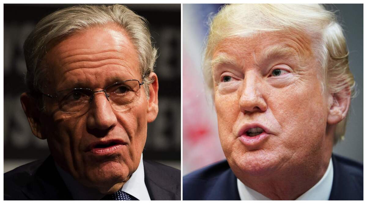 Bob Woodward, left, speaking at the Newseum in Washington, D.C., in 2012; President Trump, right, at the White House on Aug. 29.
