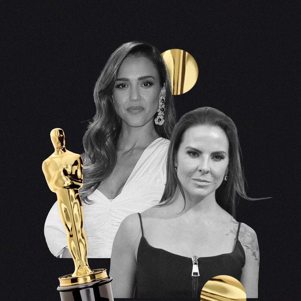 An illustration of Jessica Alba and Kate del Castillo with an Oscar statuette