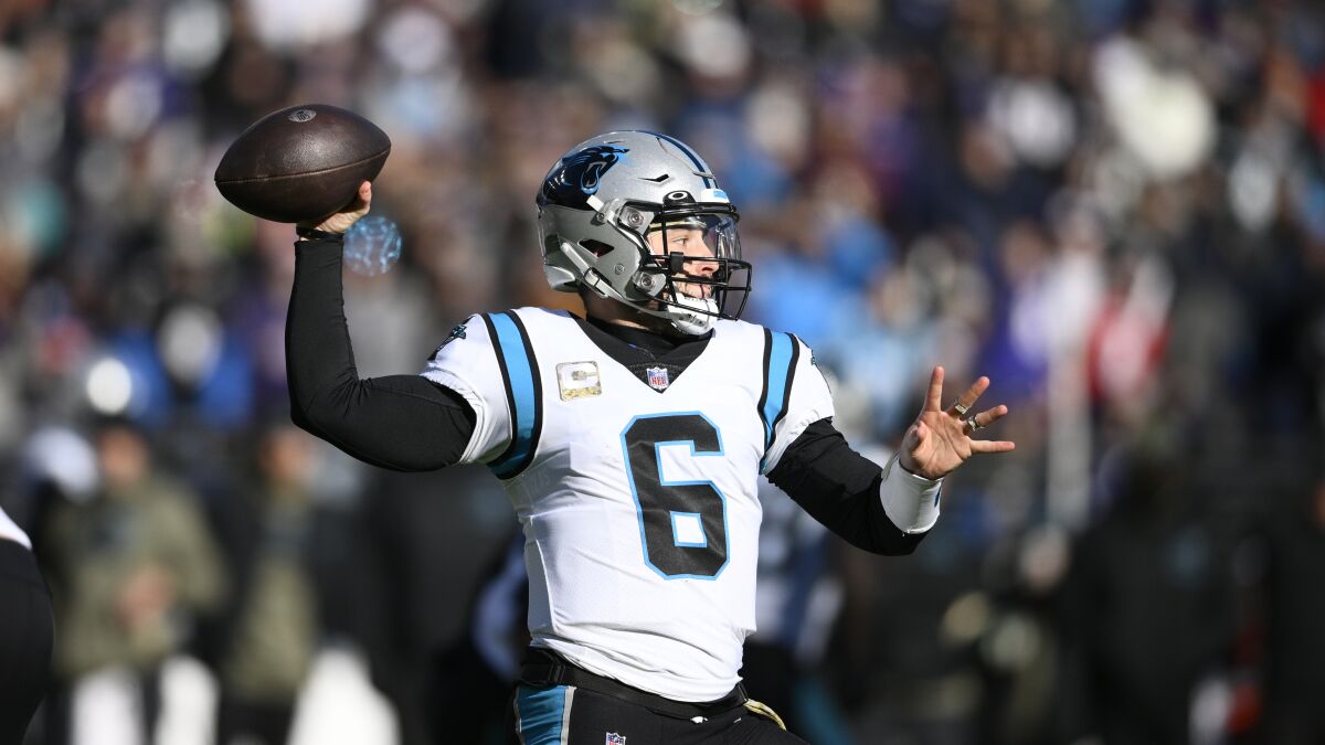 Carolina Panthers quarterback Baker Mayfield in action during the first half against the Baltimore Ravens.