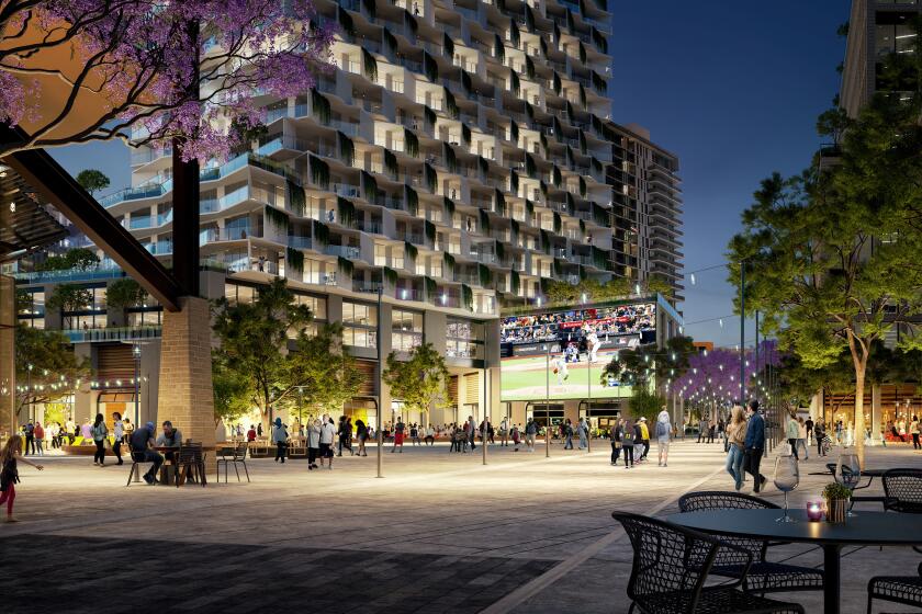 A rendering of an outdoor plaza in the Padres development plan for Tailgate Park. 