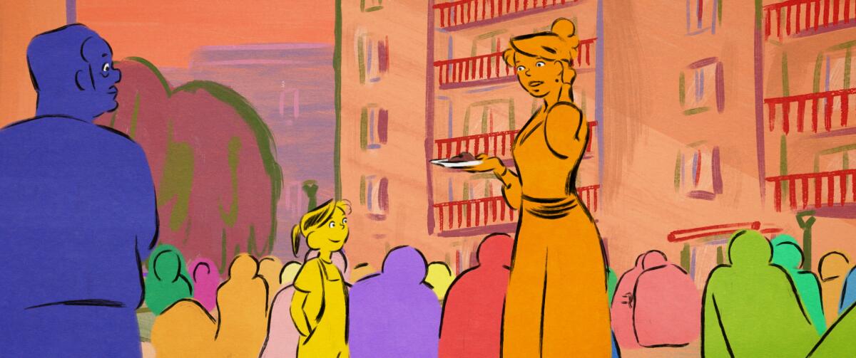 A mother stands with a plate of food in an animated film.