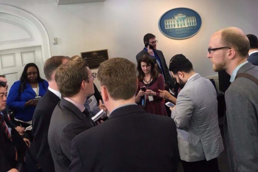 Reporters left out of Friday's press gaggle included those from the Los Angeles Times, New York Times, CNN and Politico.
