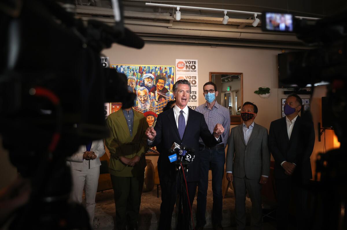 Gov. Gavin Newsom speaks during a news conference in San Francisco on Aug. 13 launching his anti-recall campaign.