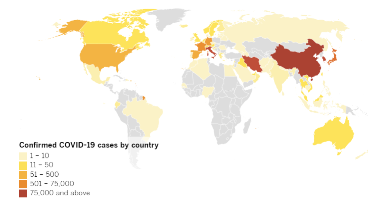 Confirmed COVID-19 cases by country as of 4:30 p.m. Thursday, March 5. Click to see the interactive map.