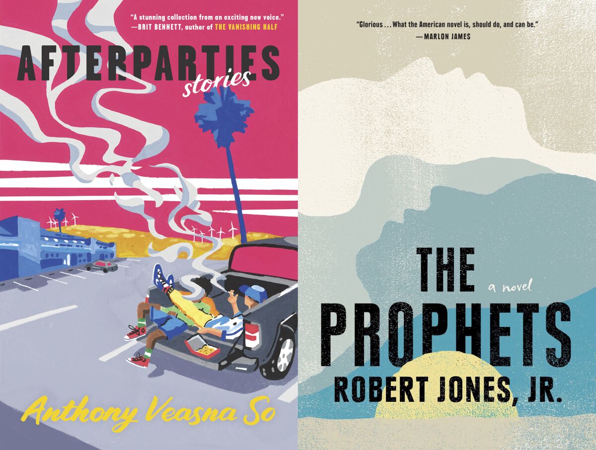 This combination of book cover images shows "Afterparties" by Anthony Veasna So, left, and "The Prophets," a novel by Robert Jones Jr. The books are among the winners of the 34th annual Triangle Awards, given for outstanding LGBTQ literature. (Ecco via AP, left, and Putnam via AP)