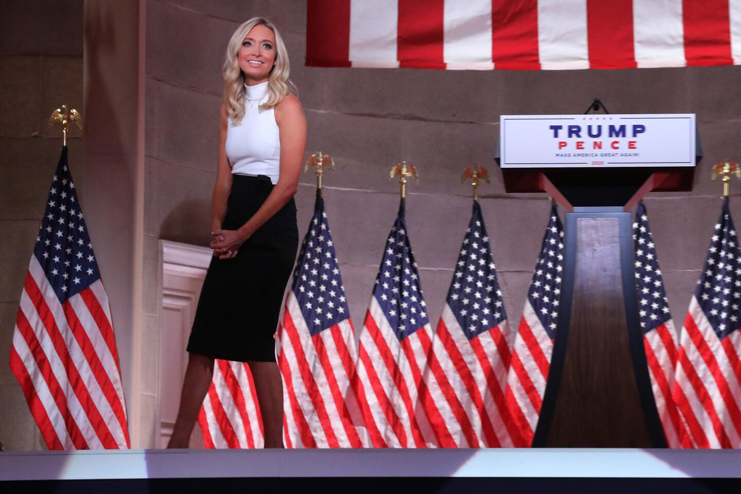 White House Press Secretary Kayleigh McEnany walks off the stage after pre-recording her address to the RNC