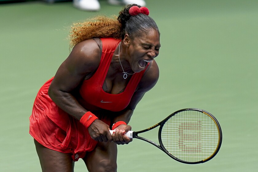 Serena Williams reacts during her U.S. Open quarterfinal match against Tsvetana Pironkova on Wednesday in New York. 