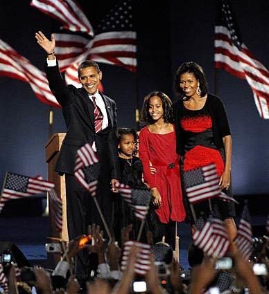 President-elect Barack Obama celebrates with his wife, Michelle, daughters Sasha and Malia, and more than 240,000 supporters gathered in Chicago.
