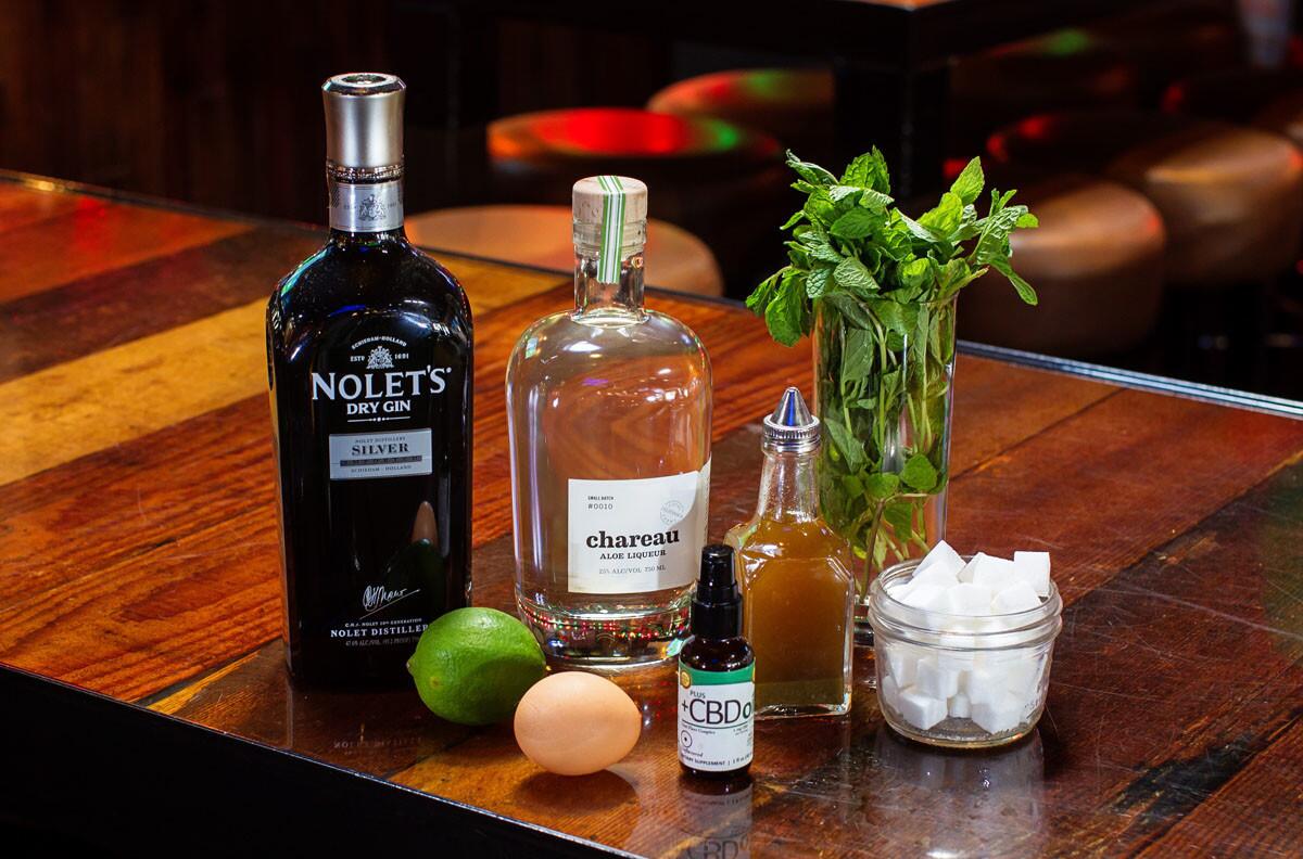 Ingredients for "Prop. 64" drink by bartender Daniel Sutherland at True North in San Diego include Nolet's Dry Gin, Chareau Aloe Liqueur, CBD cannabis oil, house made mint amarillo dry hopped bitters, an egg white, lime juice, sugar. (Eduardo Contreras/U-T)