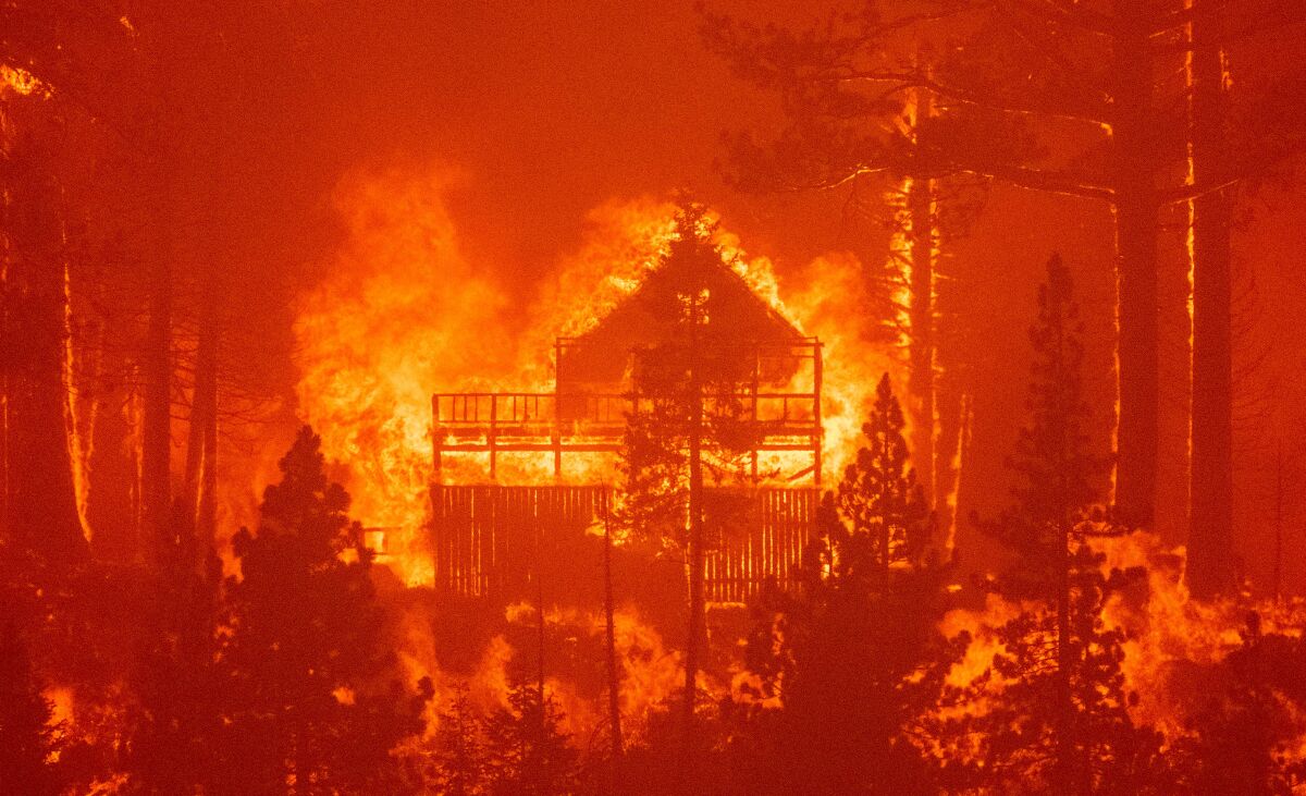 Flames consume multiple homes amid trees and an orange glow