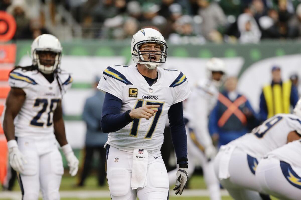 Chargers quarterback Philip Rivers calls out to his teammates during a victory over the Jets 14-7 on Sunday at MetLife Stadium.