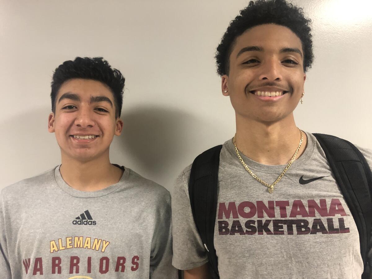 The Alemany guard duo of Nico Ponce (left) and Brandon Whitney scored 21 and 26 points, respectively, in a 69-61 win over Loyola on Wednesday night.