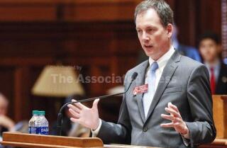 House minority leader, Robert Trammell, D - Luthersville, speaks against HB 792, the supplemental budget for the rest of the fiscal year, which the house went on to pass, Wednesday, February 19, 2020. (Bob Andres/Atlanta Journal-Constitution via AP)