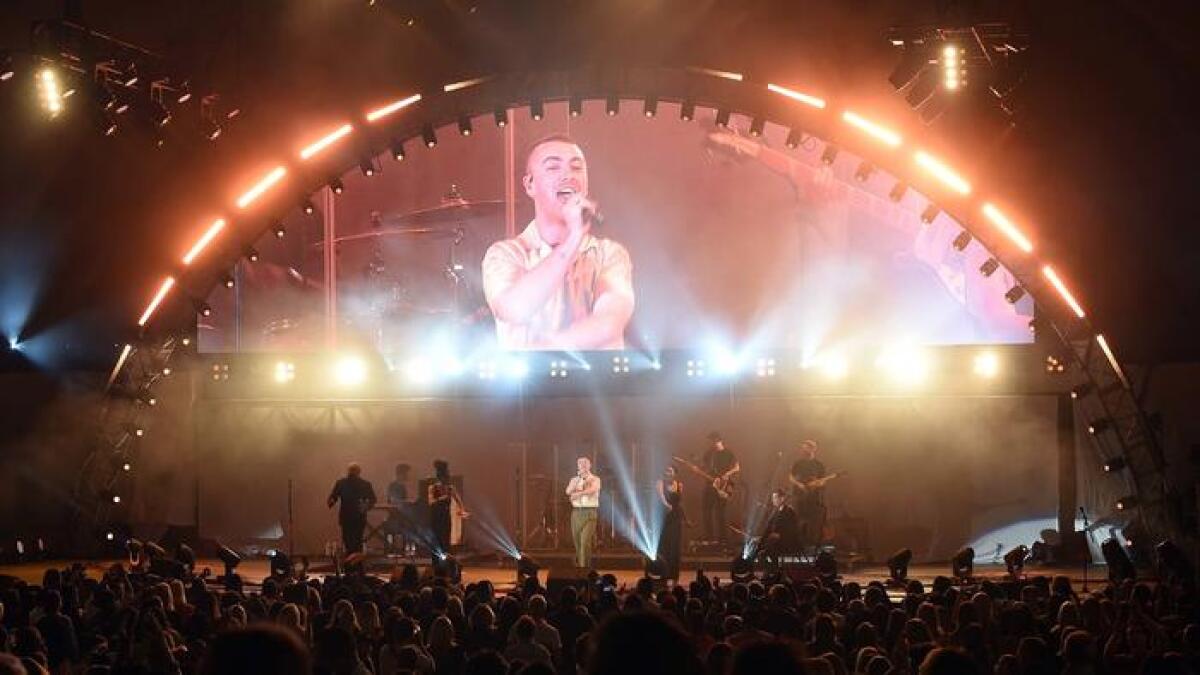 Sam Smith sings at the Hollywood Bowl for the We Can Survive 2017 concert on Tuesday.