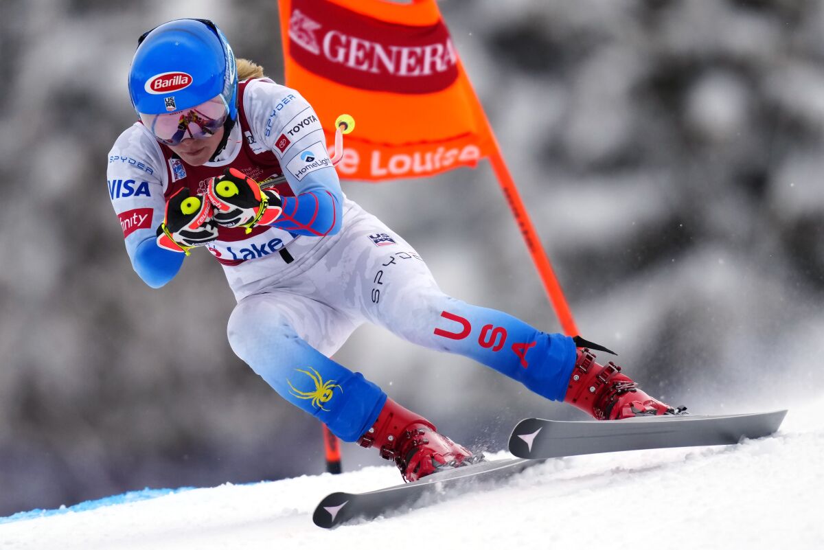Mikaela Shiffrin, of the United States, races down the course during a training run for the World Cup downhill ski race, Tuesday, Nov. 30, 2021, in Lake Louise, Alberta. (Frank Gunn/The Canadian Press via AP)