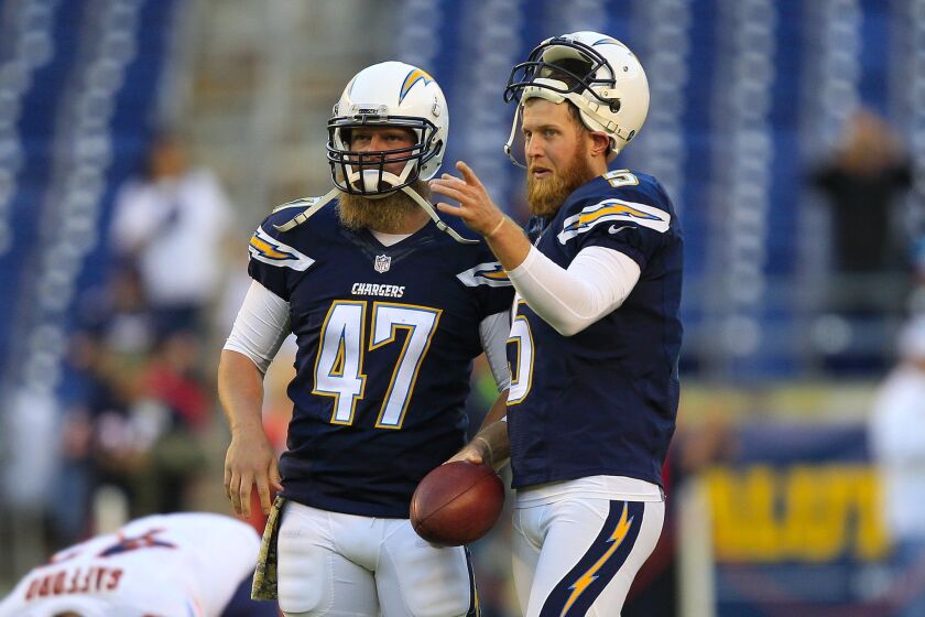 Chargers punter Mike Scifres (right) and long-snapper Mike Windt loosen up before what turned out to be a difficult first half for Scifres against the Chicago Bears on Monday night.