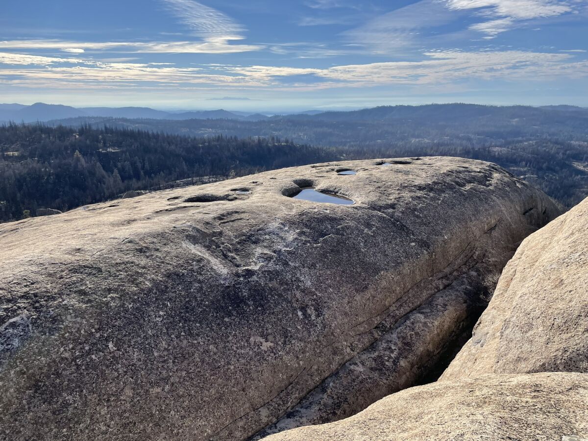 A large rock formation with a forest of trees visible in the distance.