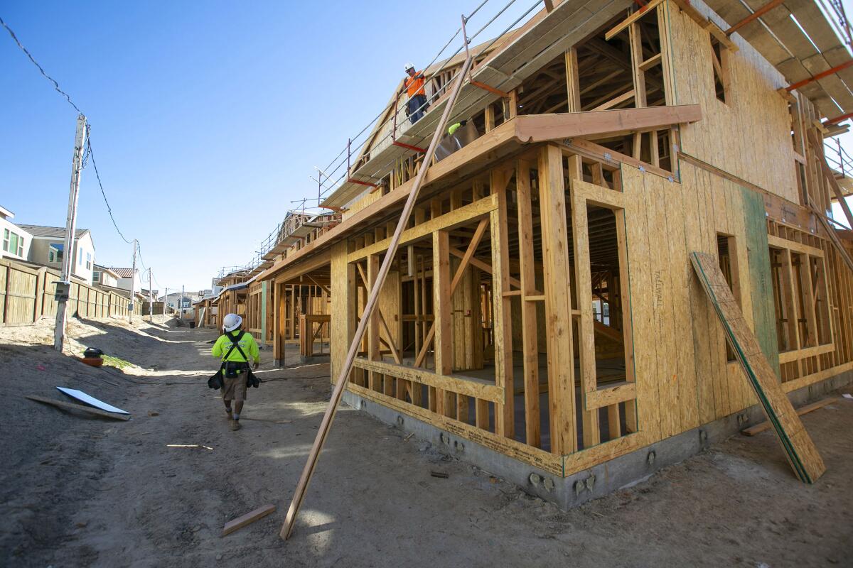 New single-family homes are under construction in Chula Vista, Calif., on Jan. 31.
