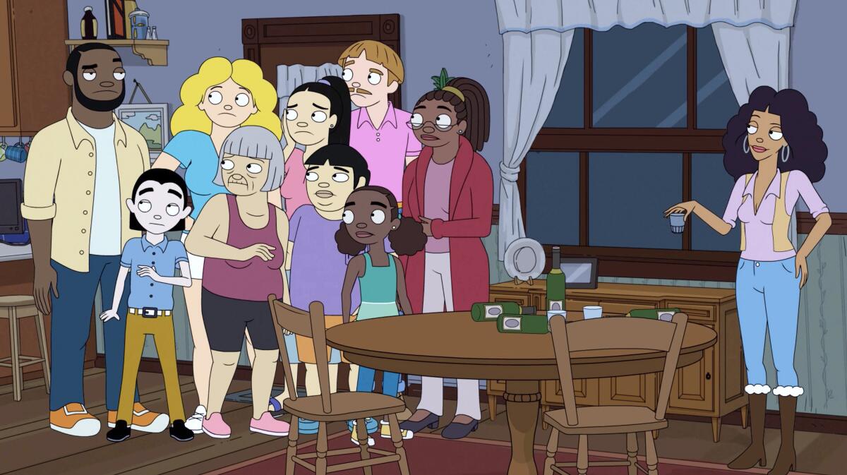 An animated group of people in a house in the sitcom "The Harper House."