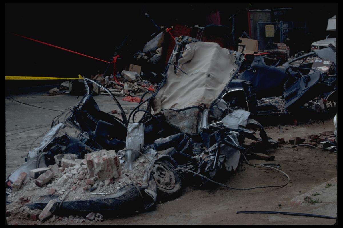 The wreckage of a crushed car.