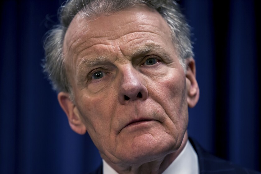 FILE - In this July 15, 2015 file photo, House Speaker Michael Madigan, D-Chicago, listens to during a news conference at the Illinois State Capitol, in Springfield, Ill. Three more Democrats withdrew support on Thursday, Nov. 19, 2020,from Speaker Michael Madigan's continued control of the Illinois House after his closest confidant and three others were indicted in a long-running bribery scheme involving utility giant ComEd. (Justin L. Fowler/The State Journal-Register via AP, File)