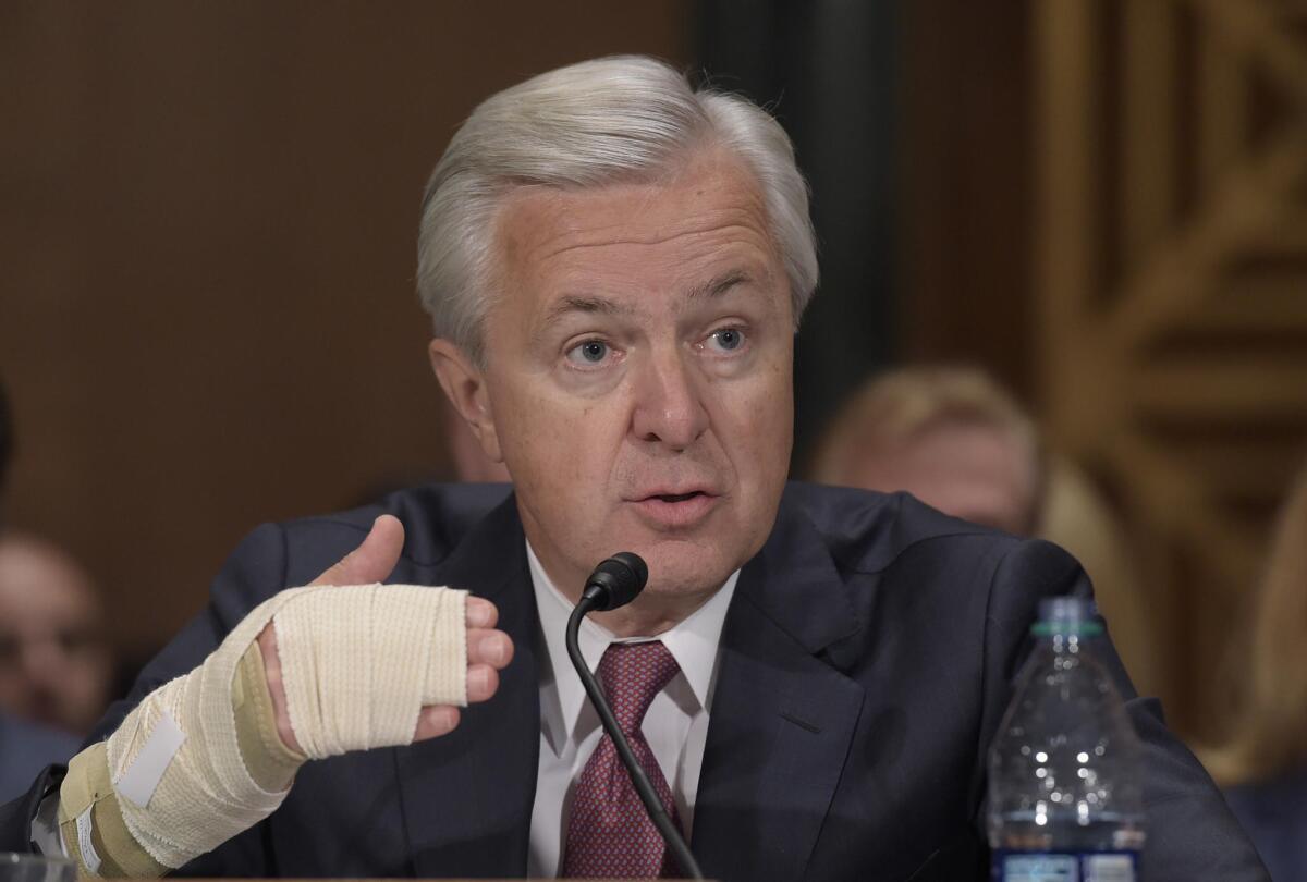 Wells Fargo CEO John Stumpf testifies last week on Capitol Hill before the Senate Banking Committee.