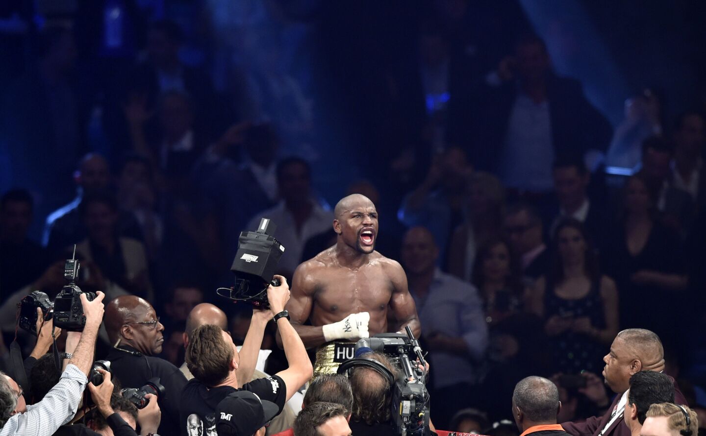 Floyd Mayweather Jr. enjoys the moment after beating Manny Pacquiao.