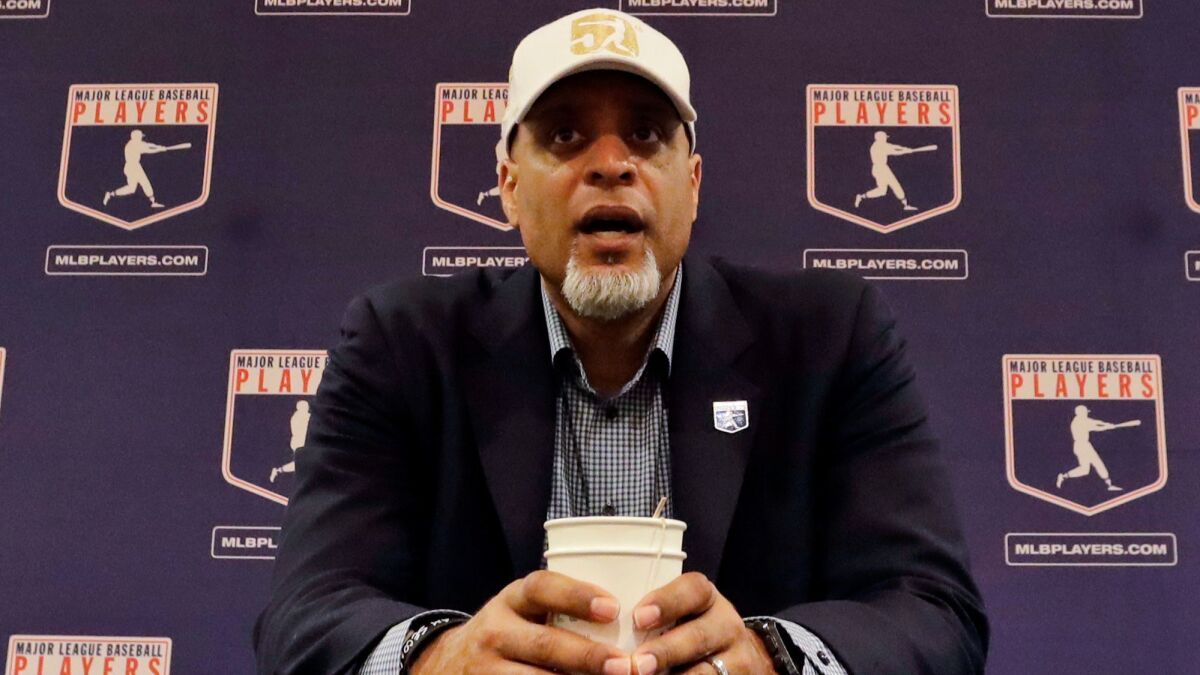 Tony Clark, executive director of the Major League Baseball Players Assn., shown in 2017, said Wednesday that "upwards of about 30" free-agent players were attending a training camp set up by the players' union.