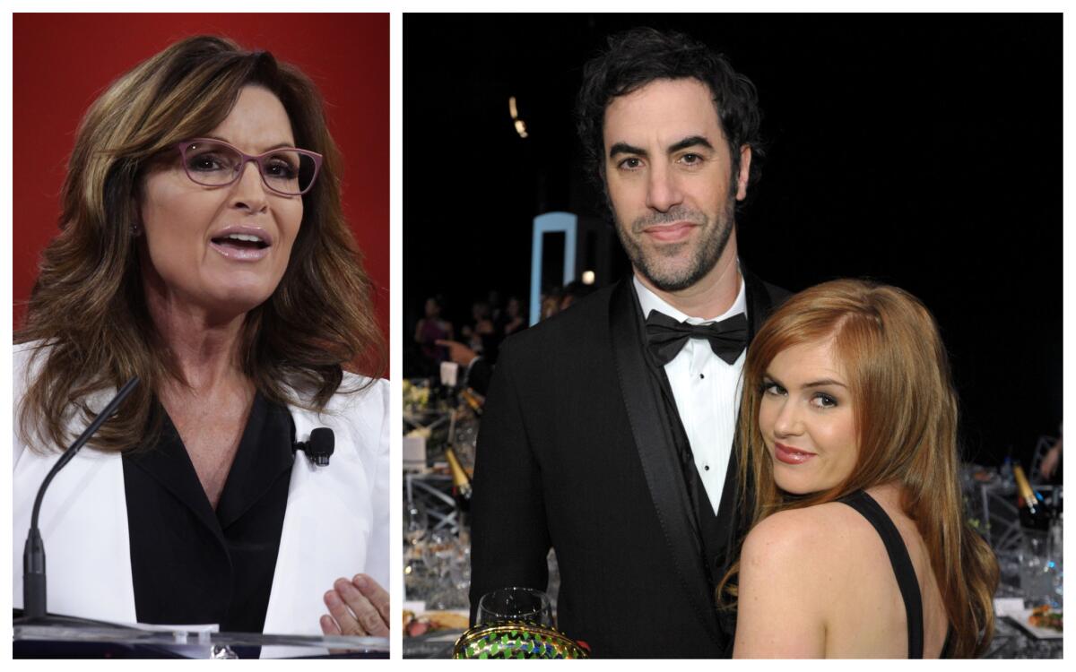 Sacha Baron Cohen, right, is angling to take Sarah Palin as his date to the Golden Globes.