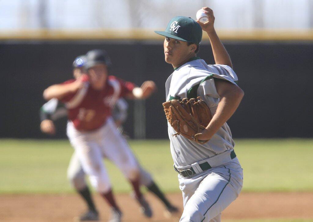 Costa Mesa High starter Ryan Lether pitches during the first inning against Estancia on Wednesday.