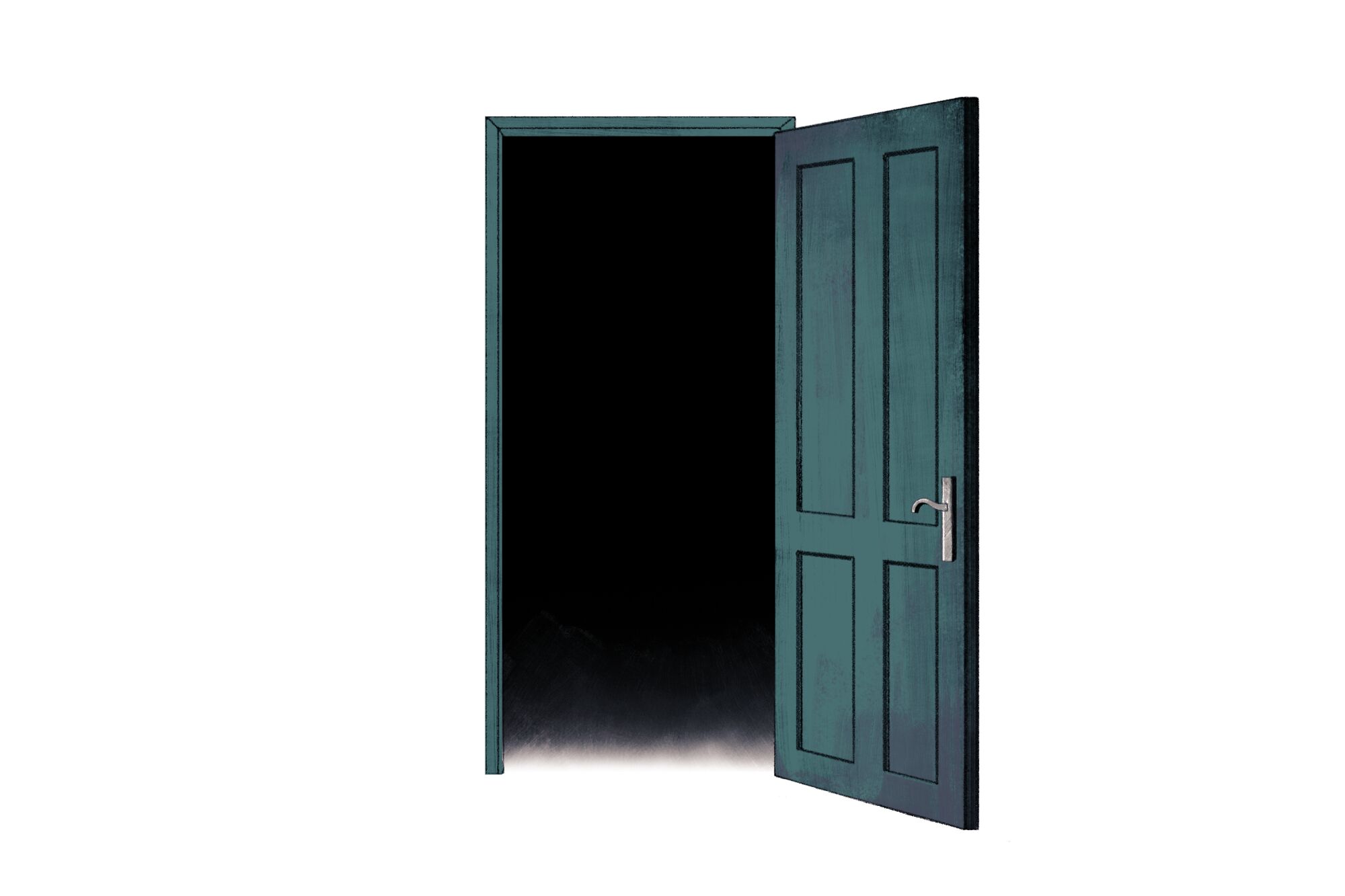 Illustration of a dark teal door open to black nothingness