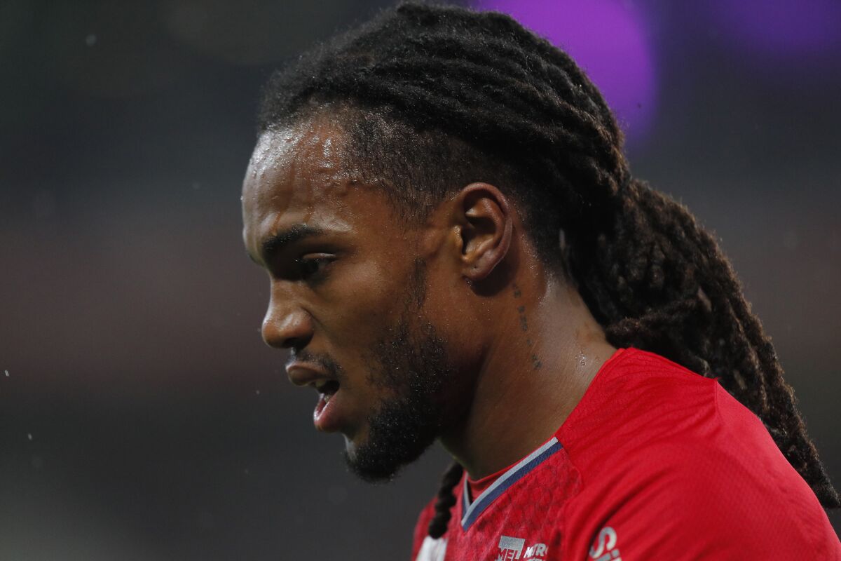 Lille's Renato Sanches reacts during the French League One soccer match between Lille and Saint-Etienne at the Stade Pierre Mauroy stadium in Villeneuve d'Ascq, northern France, Friday, March 11, 2022. (AP Photo/Michel Spingler)