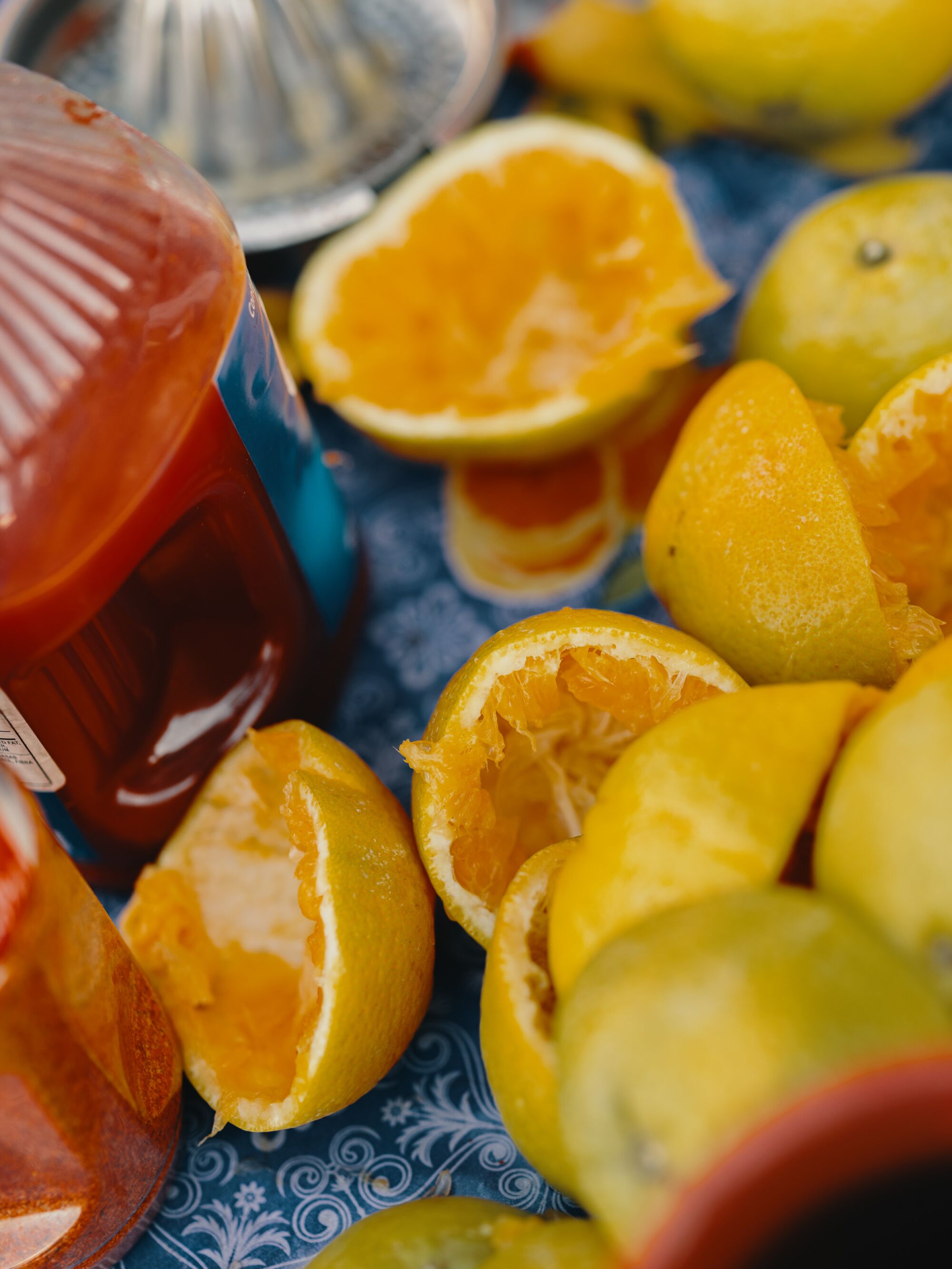 A vendor sells fresh fruit and juice.